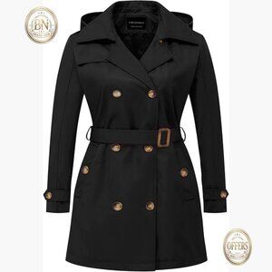 Plus Size Trench Coat with Detachable Hood Waterproof Windproof Polyester